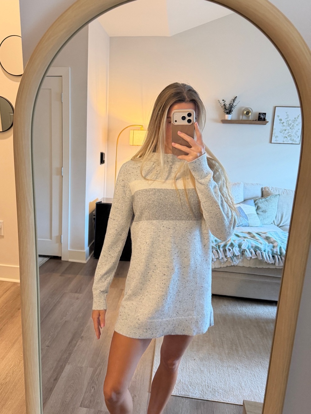 LOFT Cream and Gray Striped Mini Sweater Dress